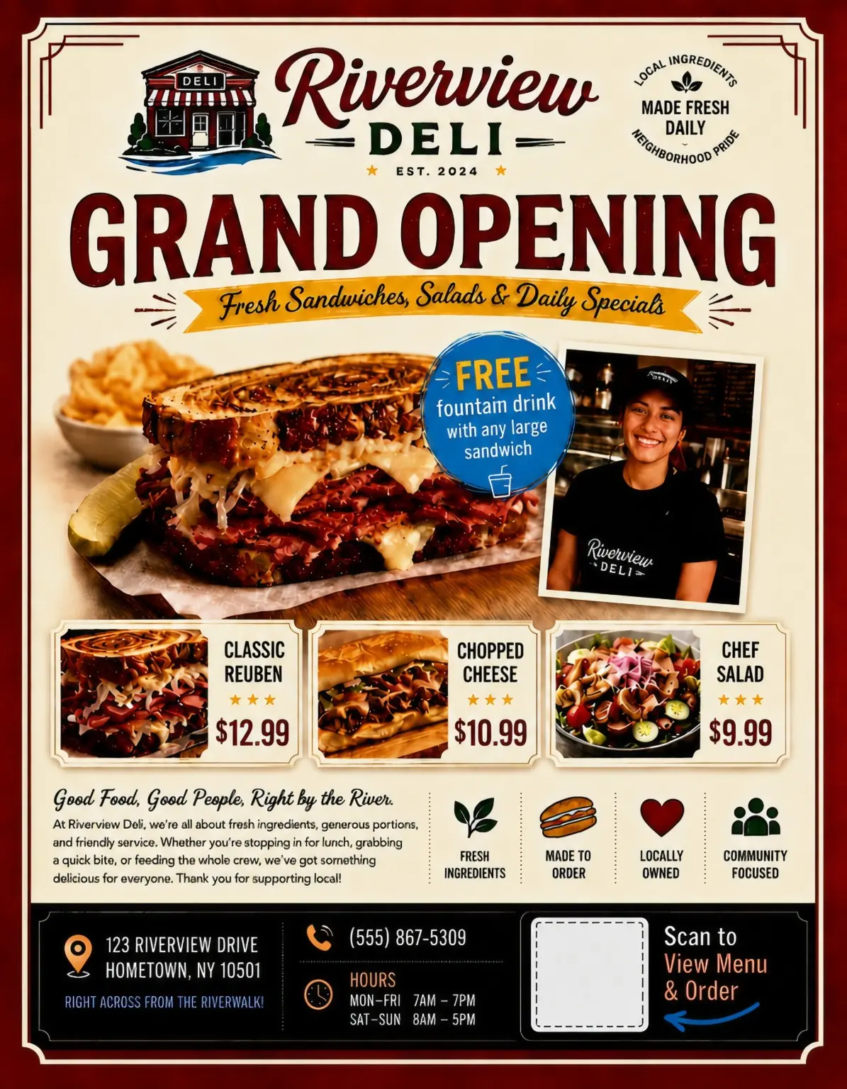 Fictional Riverview Deli grand opening promotional flyer